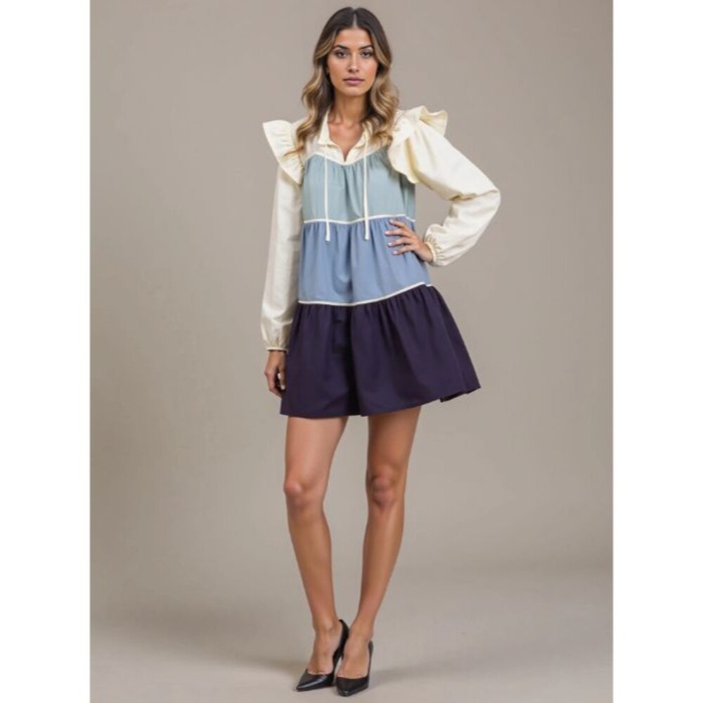 Lovelo Long Sleeve Colorblock Ruffle Shift Mini Dress - 1XL New